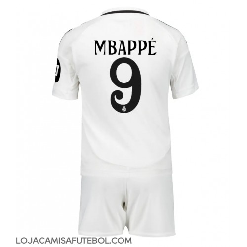 Camisa de Futebol Real Madrid Kylian Mbappe #9 Equipamento Principal Infantil 2024-25 Manga Curta (+ Calças curtas)
